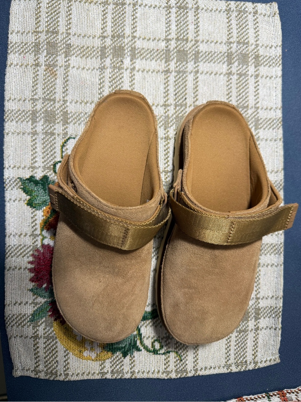 UGG women’s Suede Tan Slip-On Clog with Hook-and-Loop Stra